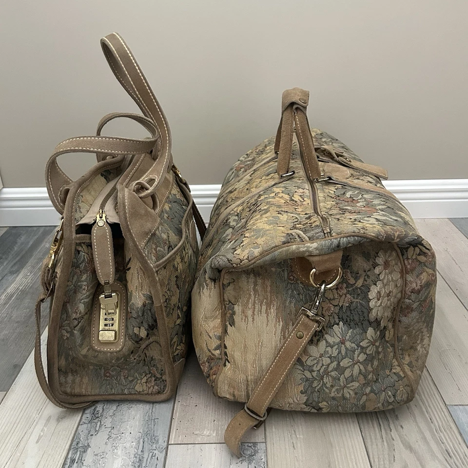 VINTAGE FRENCH LUGGAGE CO Floral Paradise SUEDE TAPESTRY 20”Carry On Duffle Bag - Image 3 of 4