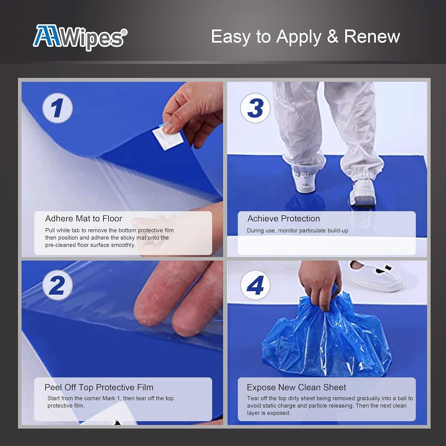 AAwipes Sticky Mat Tacky Pads Adhesive 24" x 36" 4 Packs, 30 Sheets/Packs, 12...