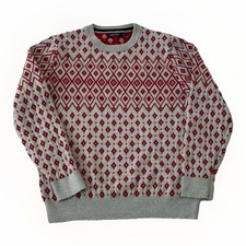 Nautica Cotton Sweater Red Gray Fair Isle Geometric Crewneck Mens L