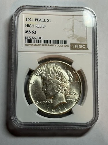 1921 $1 Peace Silver Dollar NGC MS62 High Relief Key Date Blast White