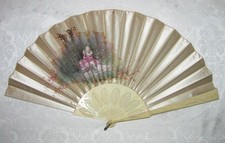 Antique Victorian Fan Hand Painted Satin Leaf Bone Sticks 1880's