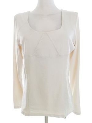 NU BY STAFF Damen Bluse Gr. L Creme Langer Ärmel Logo Einfarbig U-Ausschnitt