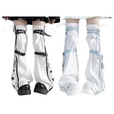 Harajuku Star Print Drawstring Leg Warmer Punk PU Harness Strap Flared Leg Cover