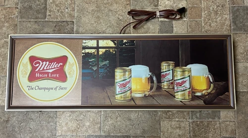Vintage Miller High Life Beer Lighted Sign 27"x 9" Miller Scene With Mugs & Cans