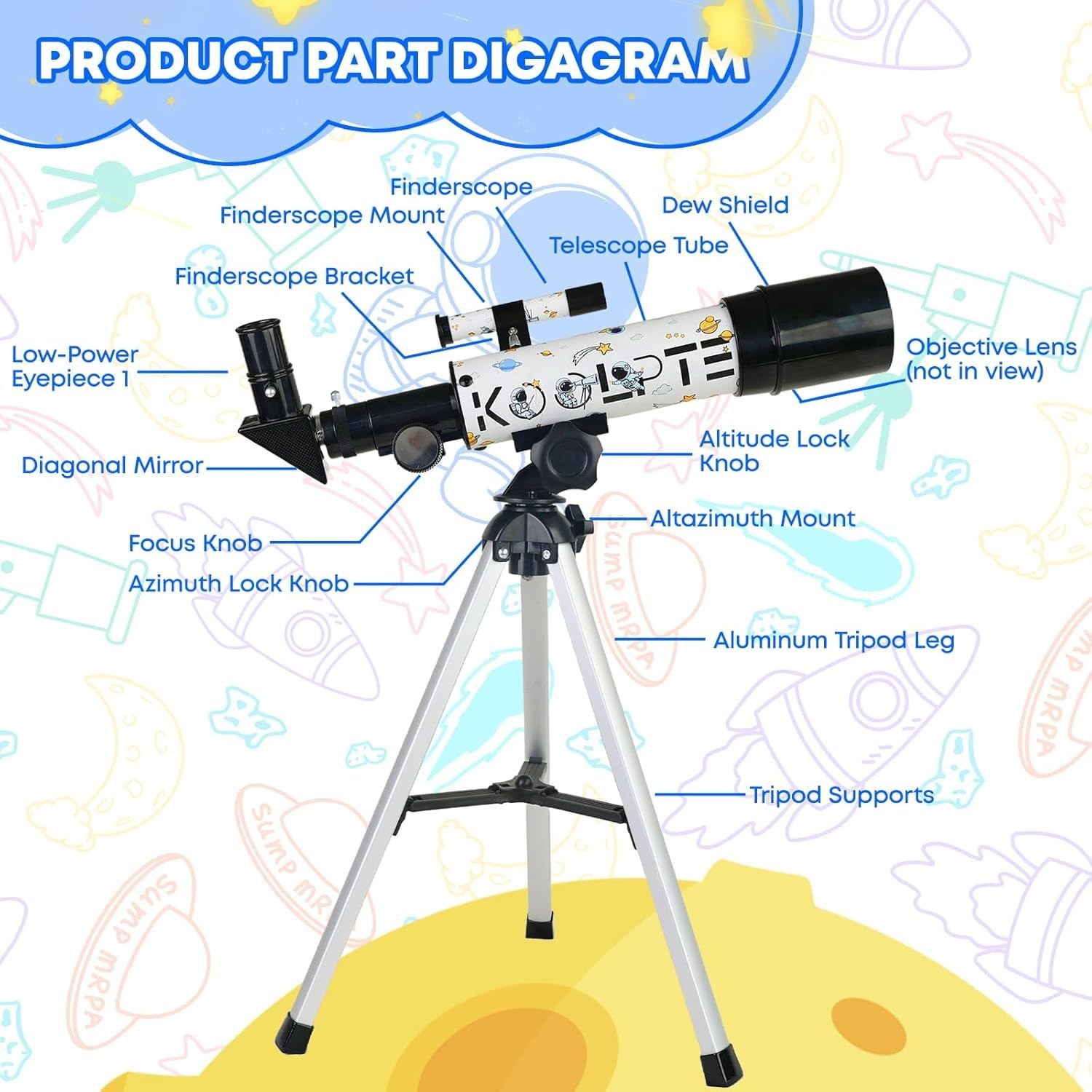 Kids Telescope for Astronomy Beginners – 50mm Portable Refractor Telescope wi...