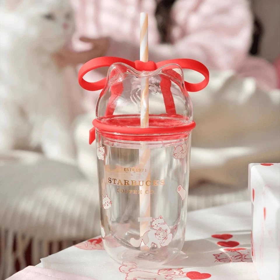 New 2024 China Starbucks Valentine's Day Double Glass Bow 13oz Straw Cup Tumbler - Image 3 of 4