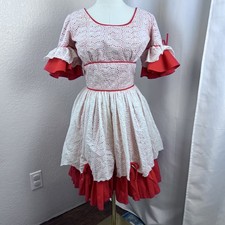 Vintage Square Dance Dress Womens XS White Red Eyelet Prairie Western Cottage