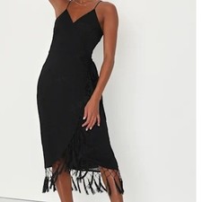 Lulus Fun Affair Black Floral Embroidered Tassel Wrap Midi Dress  S