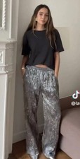 ZARA ZW WOMAN SEQUIN TROUSERS SILVER ELASTICATED WAIST SIZE L Ref 4786/264