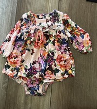 Angel Dear Smocked Floral Long Sleeve Floral Bodysuit Romper Size 0-3 Bamboo