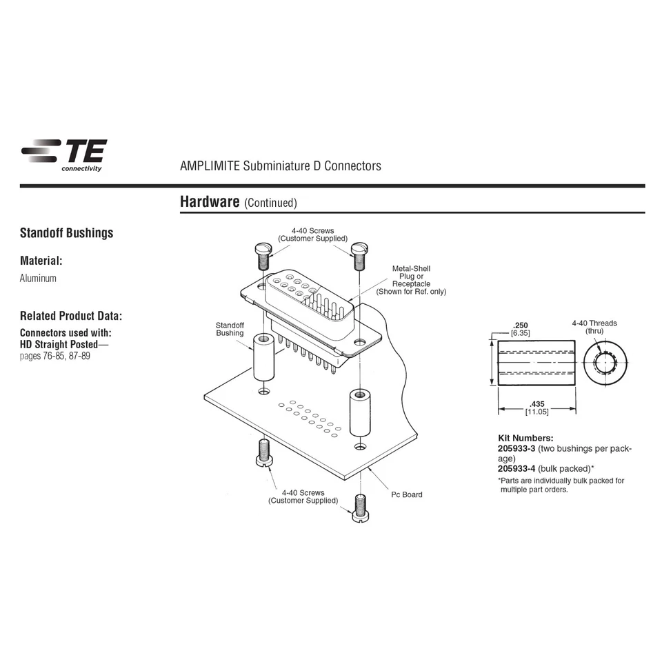 2 pcs TE Amplimite 205933-3 Standoff Bushings for PCB D-Sub Connectors 4-40x.435 - Image 2 of 4