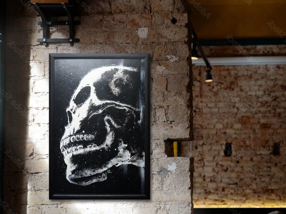 Pintura Calavera Vista Lateral - Arte Original - Enmarcado - Brilla Bajo Luz Negra - 24"x36" Foto 2 de 4