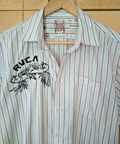 RVCA Men's Brown & White Stripe Embroidered Birds Button Front Shirt L - Picture 2 of 4