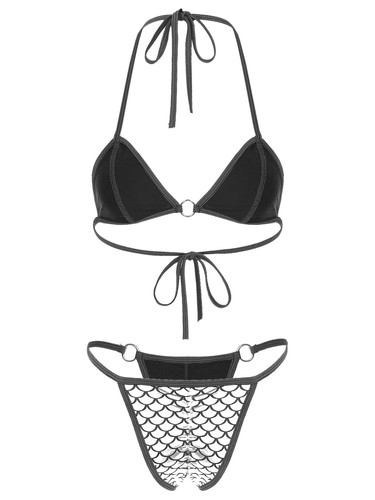 Damen Glänzend Meerjungfrau Bedruckt Bikini Set 2 Teilig Badeanzug BH mit Tanga Bademode - Bild 21 von 54