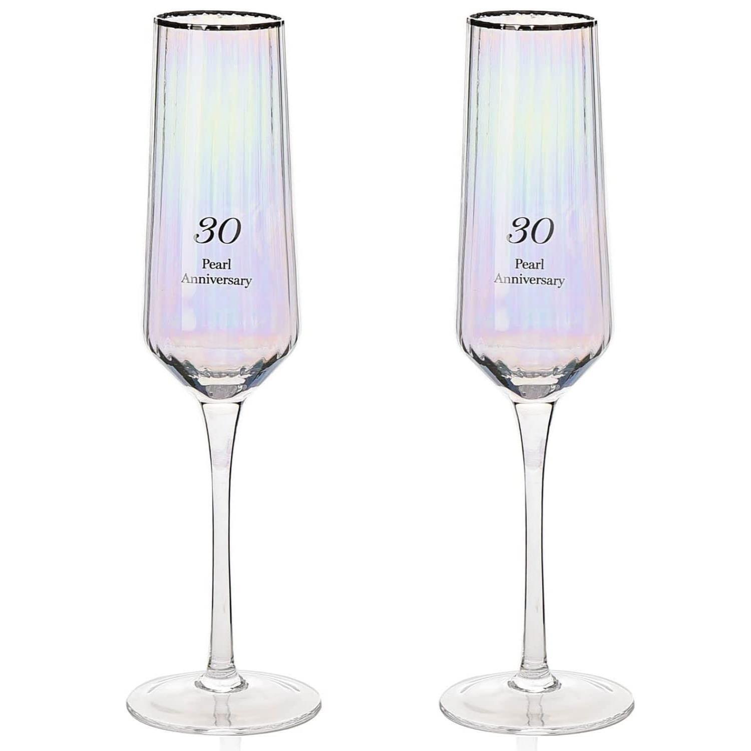 Champagne Flutes Set 2 Ribbed Iridescent Prosecco Glasses 30th Anniversary Gift
