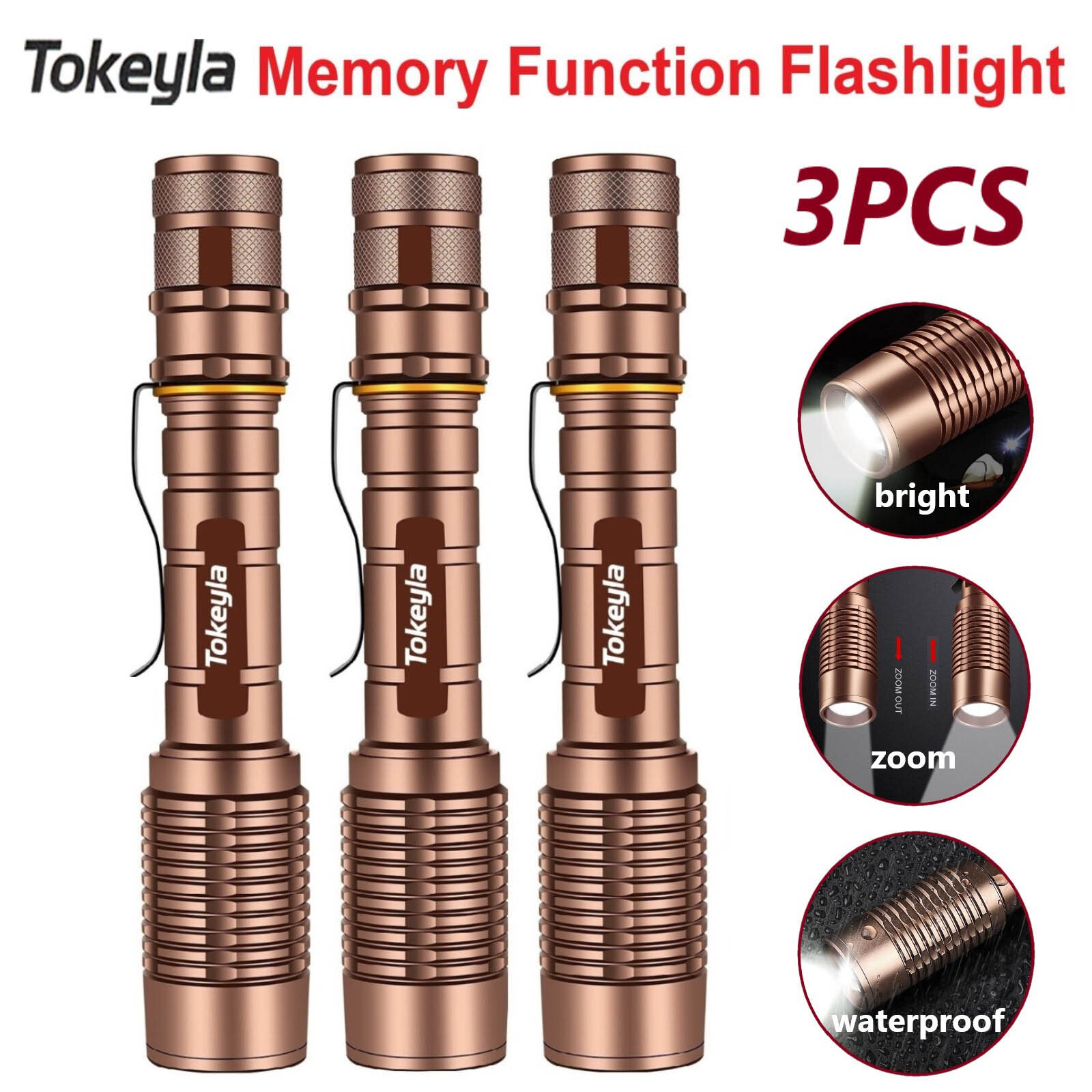 3 Pack Super Bright LED Flashlight Work Light Flashlights Torch Zoom 5 Modes
