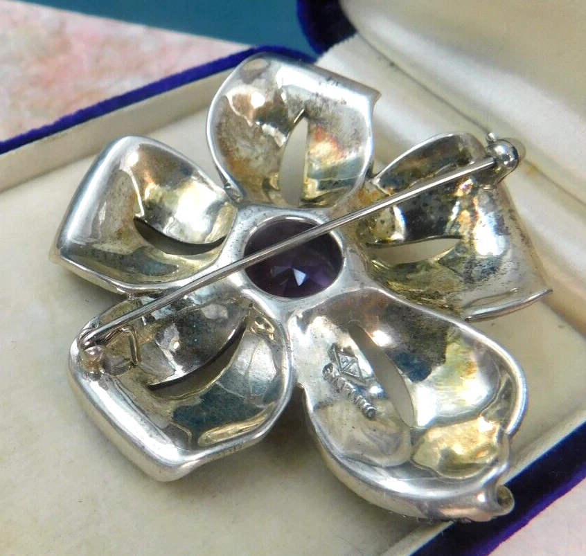 Judith Jack Sterling Silver Flower Pin Amethyst February Stone Marcasite Petals - Image 3 of 4