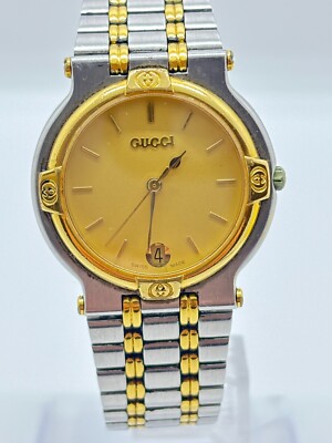 Near Mint] GUCCI 9000L SILVER Gold DATE Gold WATCH Used Working