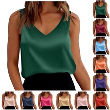 NEW HOT Satin Tank Tops For Women Fit Sleeveless V Neck Camisole Blouses Shirt T