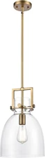 Newton Bell - 1 Light 10" Stem Hung Pendant - Brushed Brass Finish - Clear Shade