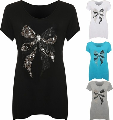 New Plus Size Womens Owl Diamante Stud Short Sleeve Ladies Hanky Hem Top 14-28