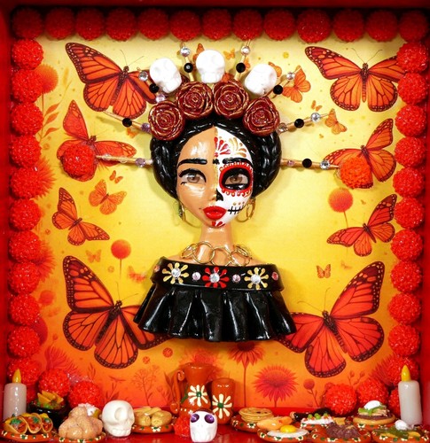 Day of the Dead Frida Catrina Altar Shadowbox Handmade Polymer Mexican Folk Art - Picture 3 of 8