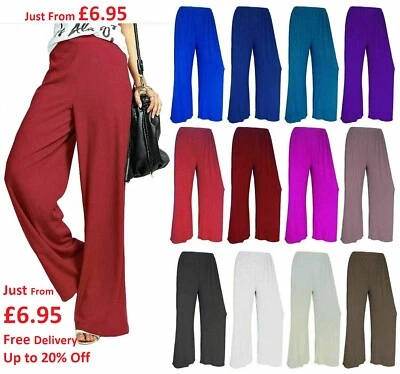 Ladies Women Palazzo Plain Flared Wide Leg Pants leggings Baggy Trousers