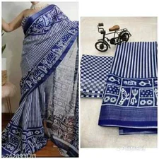 New Linen Cotton Sari With Unstitched Blouse Piece Party Wedding Wear For Women