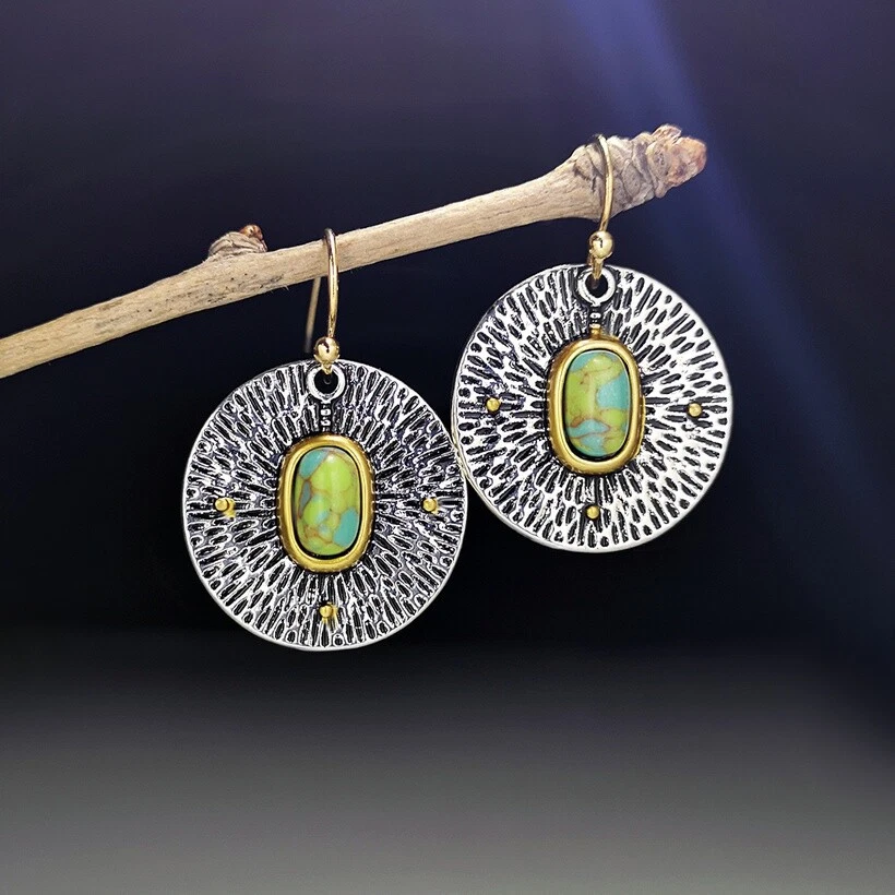 Pendientes de plata gancho circular turquesa verde retro bohemio hechos a mano europeos Foto 3 de 4