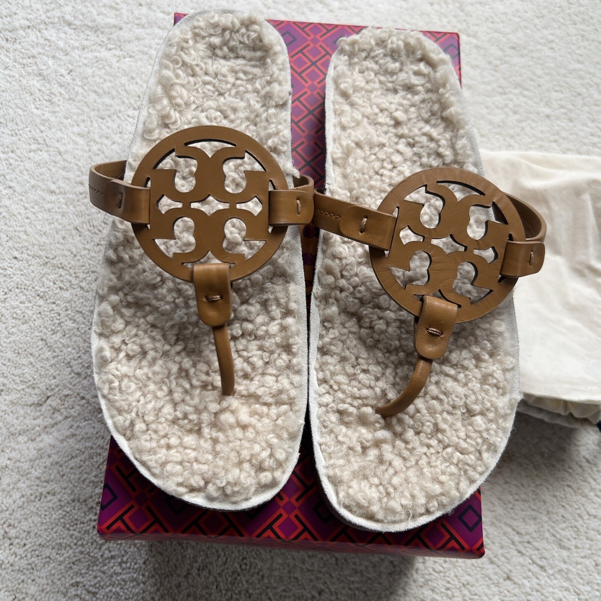 New Tory Burch Miller Cloud Shearling Napa Leather Sandals Caramel Corn  Size M