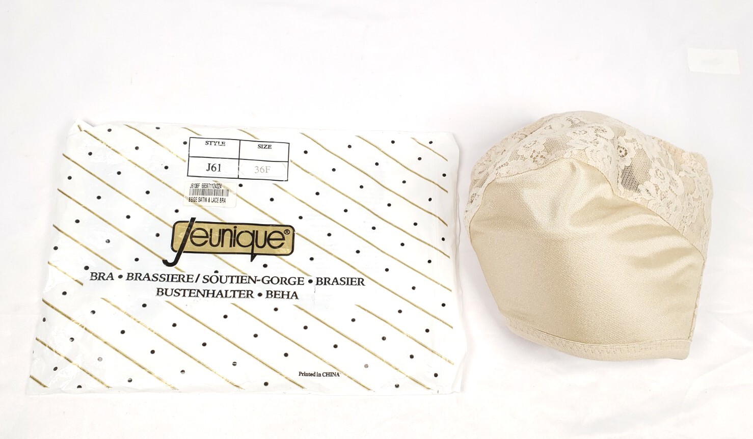 VTG JEUNIQUE Beauty Style J61 Beige Satin Soft Cup Bra 36F Wireless NOS