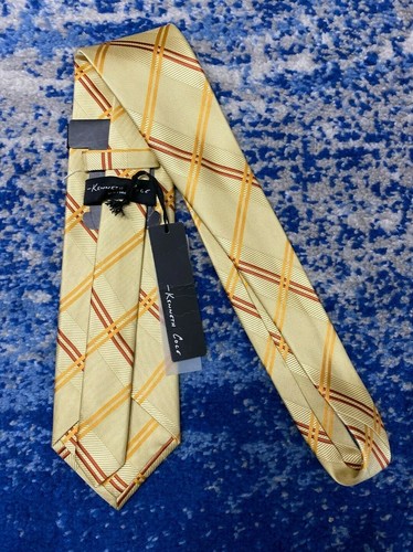 NEW Kenneth Cole Yellow Gold Rust Bias Plaid Handmade Silk Necktie - Picture 3 of 5