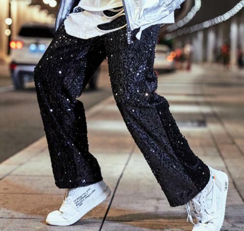Paillettes da uomo glitter pantaloni festa casual vita elastica cantante pantaloni lucidi NUOVI - Foto 9 di 13