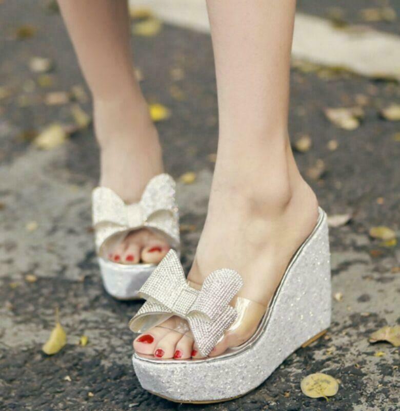 PANTOFOLA D’ORO Sandali donna nodo con fiocco punta aperta tacco a zeppa plateau pantofola décolleté causali