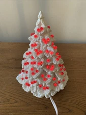 White Ceramic Christmas Tree 9” Light Up Nowell Mold Tabletop Red Beads