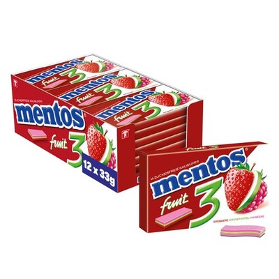 Mentos Kaugummi Fruity Fresh Erdbeere - Grüner Apfel - Himbeere, 12 x 14 Stück