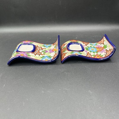 2 Talavera Mexican Pottery Rectangle Square Wave Candle Holders Spoon Rest