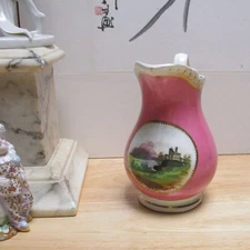 Old Paris Pink and Gold Hand-painted Scenic Landscape Pitcher