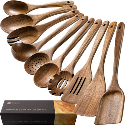 Wooden Spoons for Cooking, Nonstick Cooking Utensil Set with 10 Piece Acacia Woo