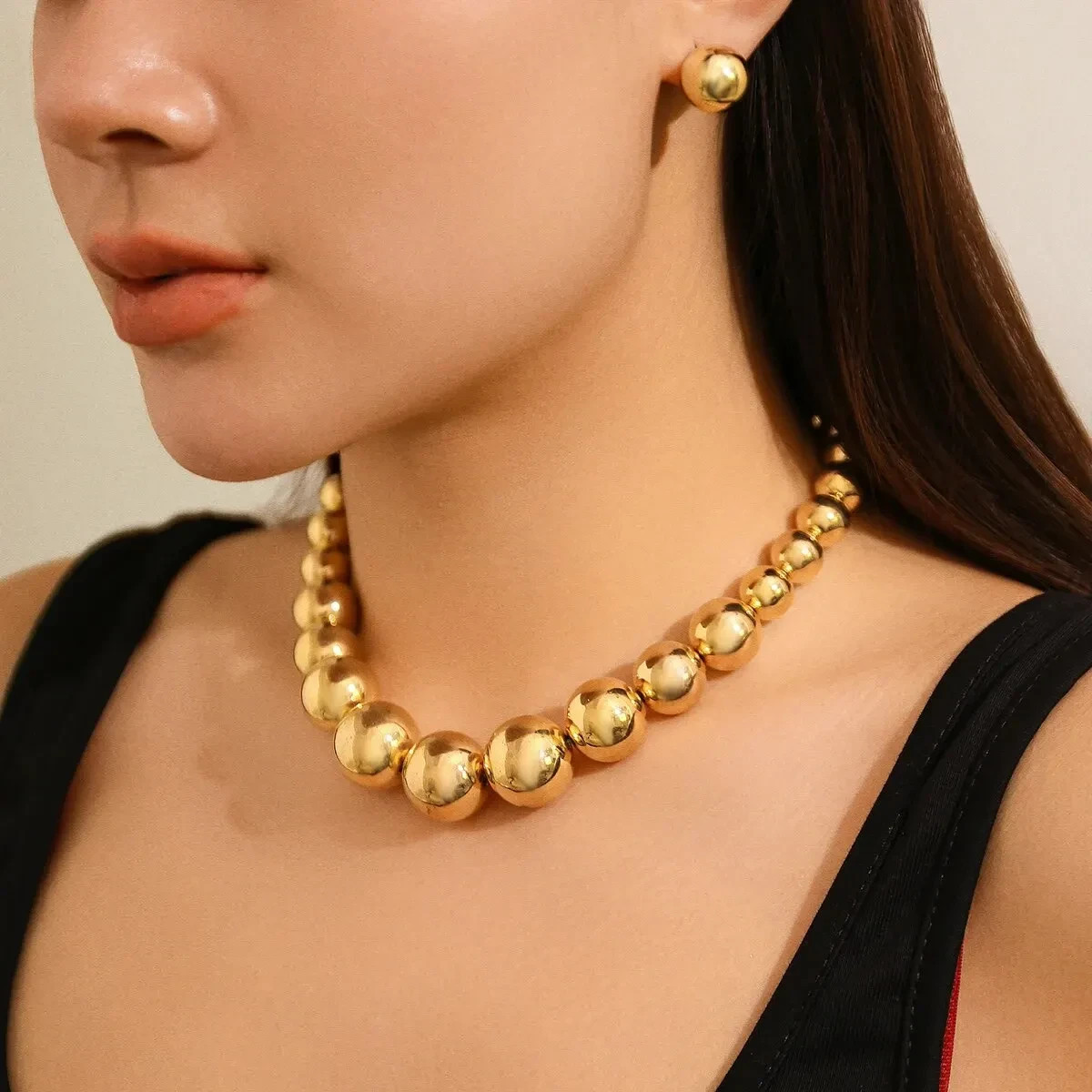 2Pcs Exaggerated Gold Color Big Beads Necklace Stud Earrings for Women.
