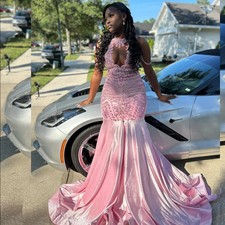 Luxury Pink Mermaid Prom Dresses Illusion Neck Satin Sequin Beaded Evening Gowns