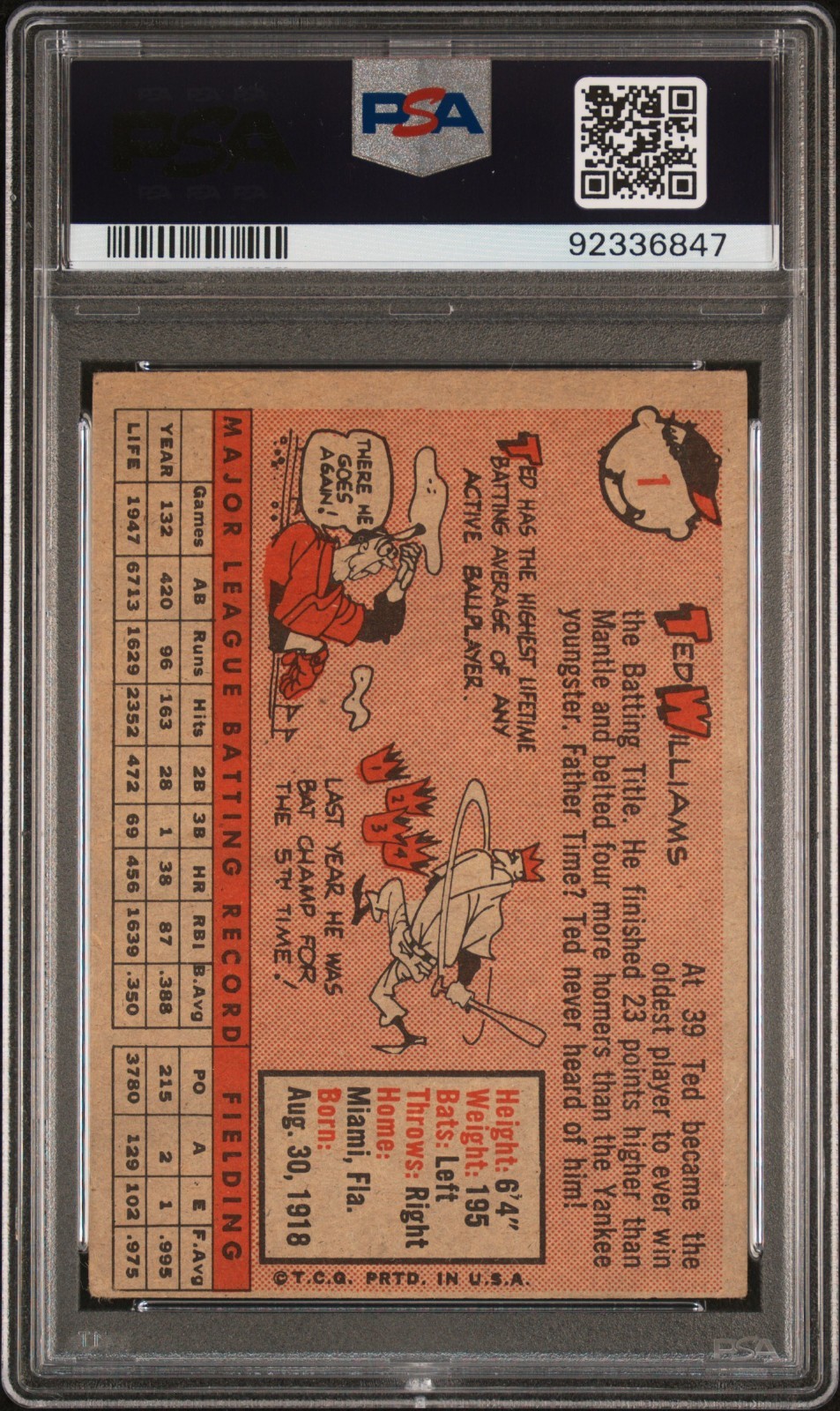 TED WILLIAMS  -  1958 Topps #1  -  PSA 4  VERY GOOD / EXCELLENT - Boston Red Sox view 2