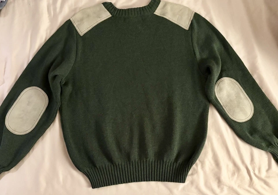Suéter Burberrys de lã pura gola redonda com remendos de cotovelo de ombro de camurça tamanho P UNISSEX - Imagem 3 de 4