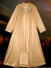 Vintage Gold Peach Embroideref Bodice Free Bust Nightgown Peignoir Robe Set L