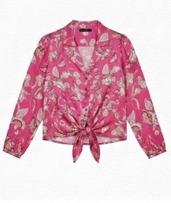 Eclair M Pink Satin Floral Button Blouse V-Neck Long Sleeve Cropped Top