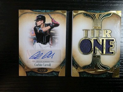 Topps 2026 Tier One Corbin Carroll Auto Relic Jersey Die-Cut Book card /49