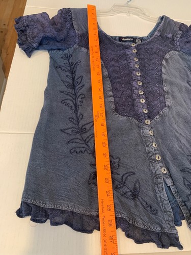 Denim 24/7 Blue Top Silver Buttons Sz 14 Short Slvs Ruffles Lace Western Cowgirl - Picture 12 of 14