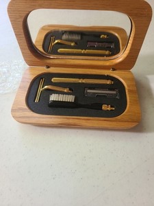SHAVING Kit W/Wooden HINGED Box. 1930’s VINTAGE Looking STYLE Brass HANDLE