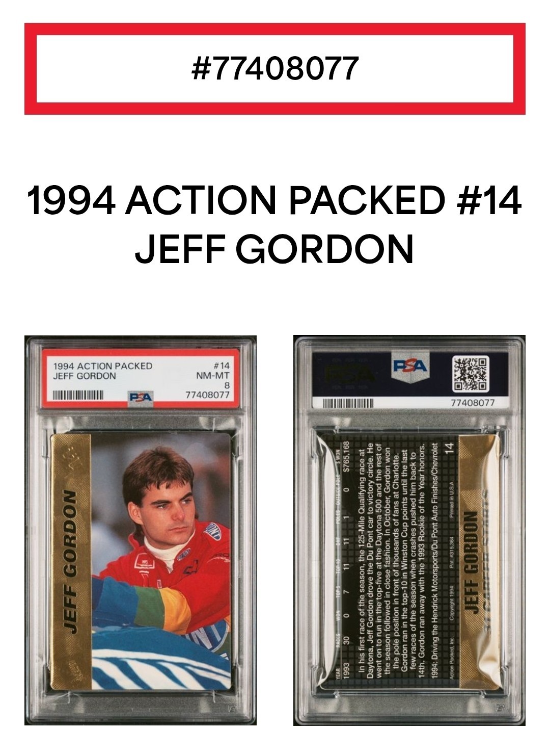 🏁 Jeff GORDON 1994 Action Packed #14 POP 4 🔥 PSA 8 Near Mint - Mint view 3