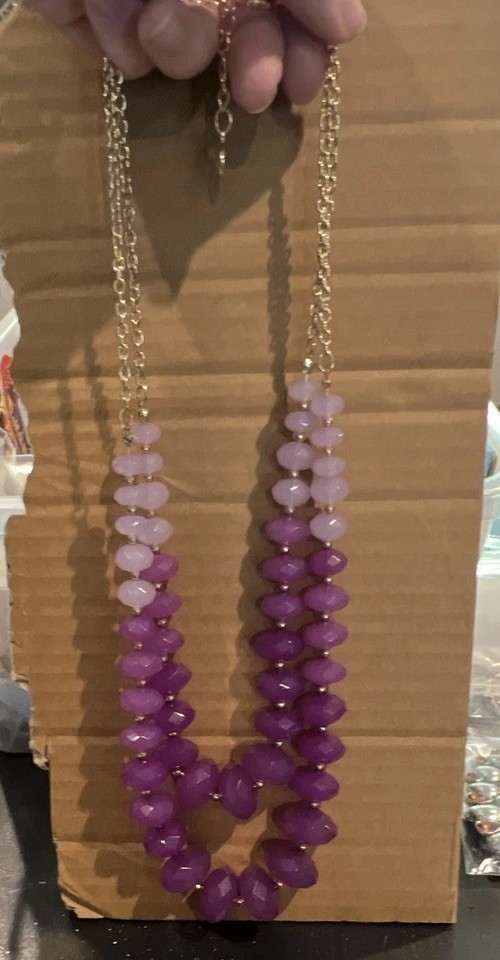 Chico's Purple Crystal Beaded Statement Necklace Gold Tone Cable Adjustable